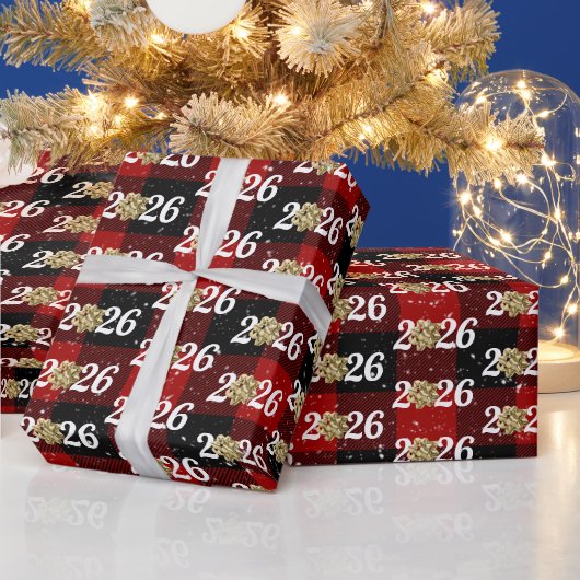 Gold Christmas Bow On Plaid 2026 Geschenkpapier (Feiertage)