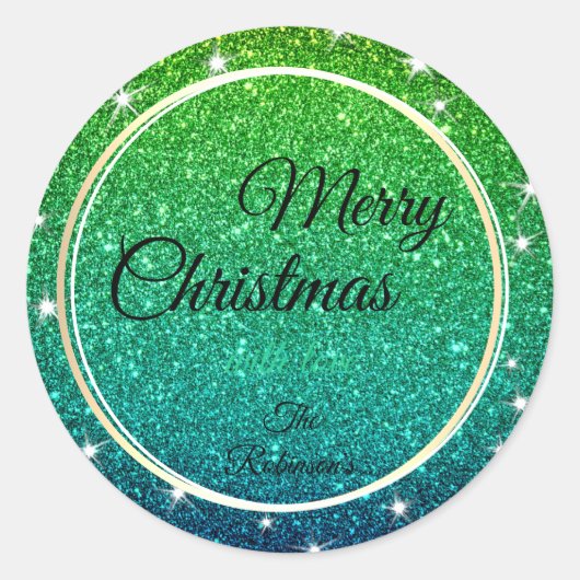 Gold Christmas Green Blue Gradient Glitzer Stars Runder Aufkleber (Vorderseite)