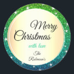 Gold Christmas Green Blue Gradient Glitzer Stars Runder Aufkleber<br><div class="desc">Zaubershirts Designs - Ein hübsches Weihnachtsdesign mit leuchtenden Imitaten Glitzer funkelnde Sterne mit grünen Farbverläufen auf einem goldenen Effekt Hintergrund. Passen Sie diese X-Mas Aufkleber einfach an Ihren Namen oder Text an. Für zusätzliche Anpassung einfach lassen Sie mich eine Nachricht unten. Ich würde mich freuen, Ihre Designwünsche wahr werden zu...</div>