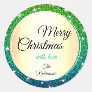 Gold Christmas Green Blue Gradient Glitzer Stars Runder Aufkleber
