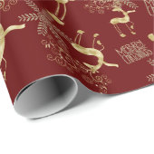 Gold Christmas Reindeer on Dark Red Geschenkpapier (Rolleneckpunkt)