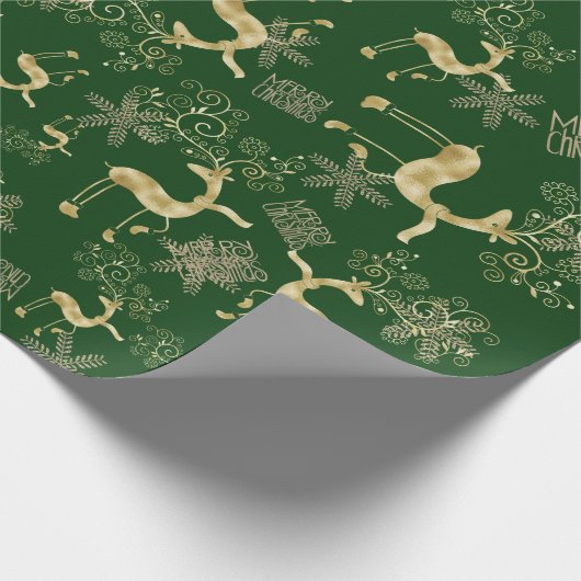 Gold Christmas Reindeer on Green Geschenkpapier (Ecke)