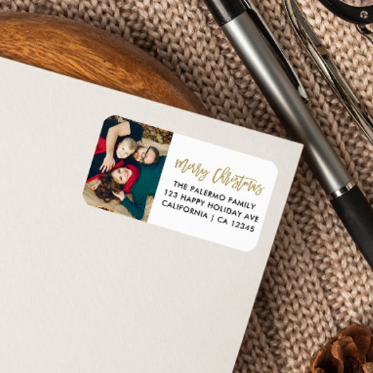 Gold Christmas Script Typografy Foto Return Adressaufkleber