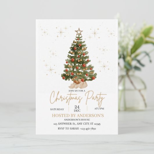   gold christmas tree party invite  einladung (Stehend Vorderseite)