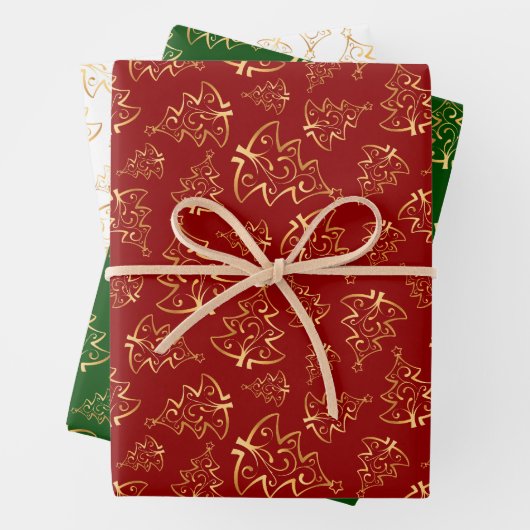 Gold Christmas Trees on Red, Green, White Geschenkpapier Set (Beispiel)