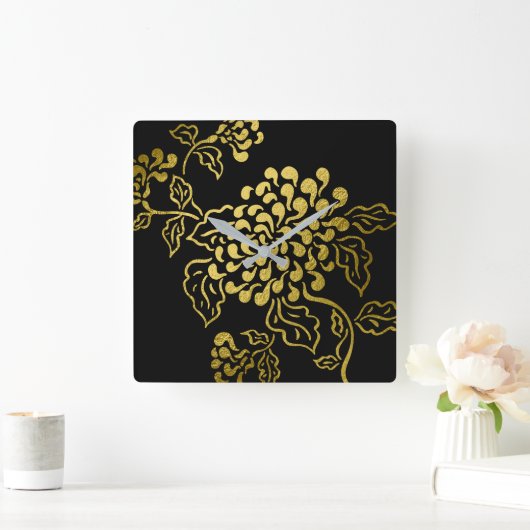 Gold Chrysanthemum für alle Farben Quadratische Wanduhr (Zuhause)