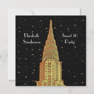 Gold Chrysler Bldg Skyline #2 Starry Sweet 16 SQ Einladung