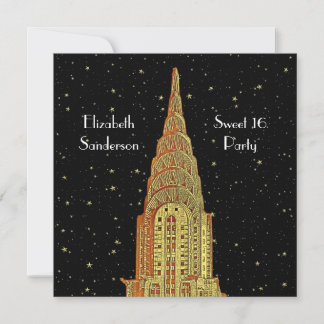 Gold Chrysler Bldg Skyline #2 Starry Sweet 16 SQ Einladung