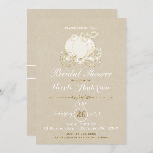 Gold Cinderella Carriage Kraft Moderne Bridal Einladung (Vorne/Hinten)