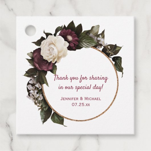 Gold Circle Burgundy und Blush Pink Bloral Wreath Geschenkanhänger (Vorderseite)