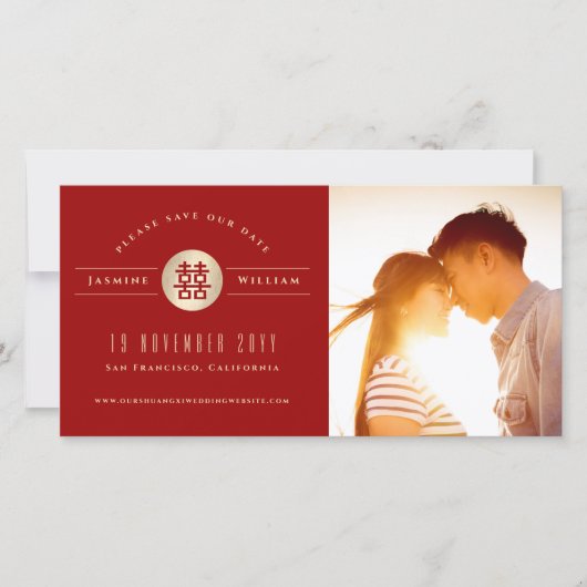 Gold Circle Double Happiness Chinesisches Hochzeit Save The Date (Vorderseite)