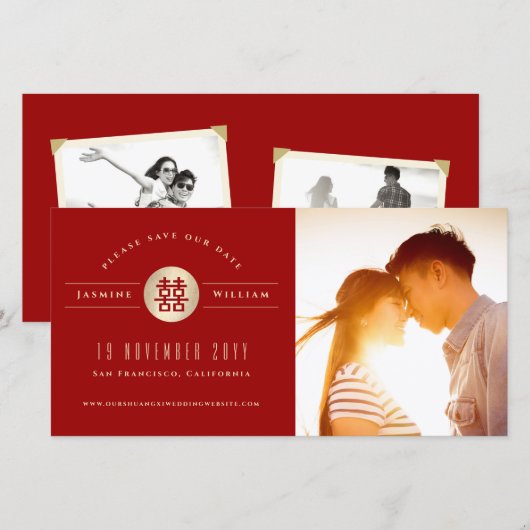 Gold Circle Double Happiness Chinesisches Hochzeit Save The Date (Vorne/Hinten)