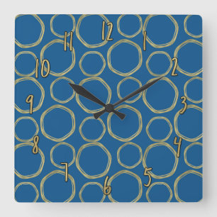 Gold Circles & Bright Blue Modern Trendy Chic Quadratische Wanduhr