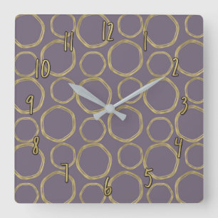 Gold Circles & Rustic Taupe Purple Modern Chic Quadratische Wanduhr
