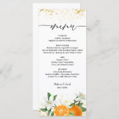 Gold Citrus Orange Script Floral Wedding Menükarte (Vorne/Hinten)