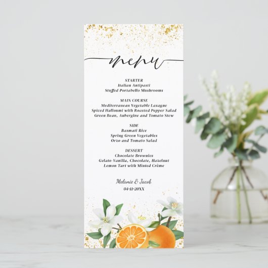 Gold Citrus Orange Script Floral Wedding Menükarte (Stehend Vorderseite)
