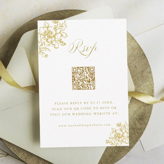 Gold Classic Bloom Garden Wedding QR Code RSVP Karte