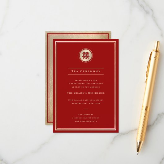 Gold Classic Circle Double Happiness Teezeremonie Begleitkarte (Vorderseite/Rückseite Beispiel)