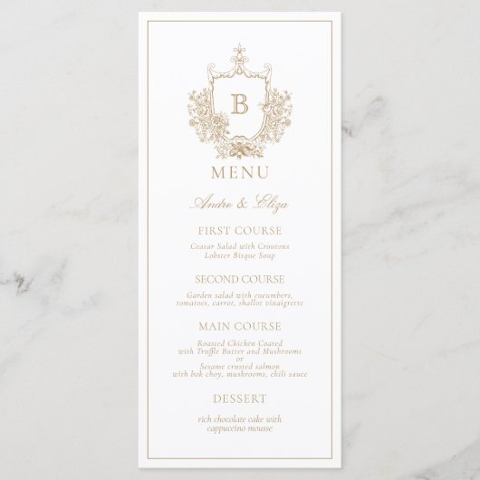 Gold Classic Luxe Wappen Monogram Wedding Menu Menükarte (Vorderseite)