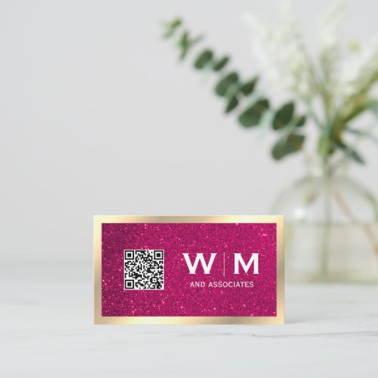 Gold Classic Monogram | QR CODE | Glitzer Visitenkarte (Stehend Vorderseite)