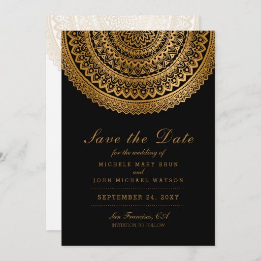 Gold Classy Mandala Black Save the Date White Card (Vorne/Hinten)