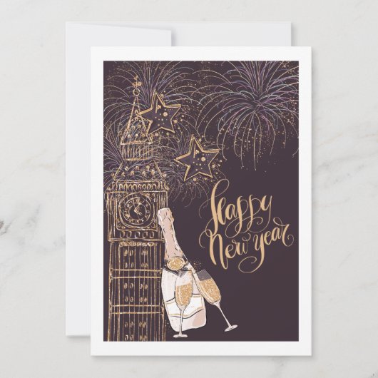 Gold Clock Happy New Year Einladung (Vorderseite)