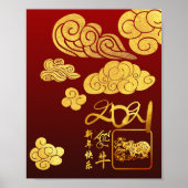 Gold Clouds Ox Papier-geschnitten Chinesisch Neuja Poster (Vorne)