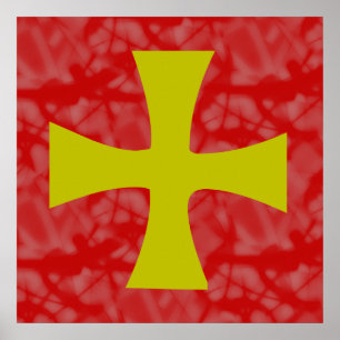 Gold Colored Byzantine Cross on Red Poster