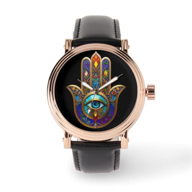 Gold Colorful Hamsa Turquoise Sapphire Third Eye  Armbanduhr (Vorderseite)