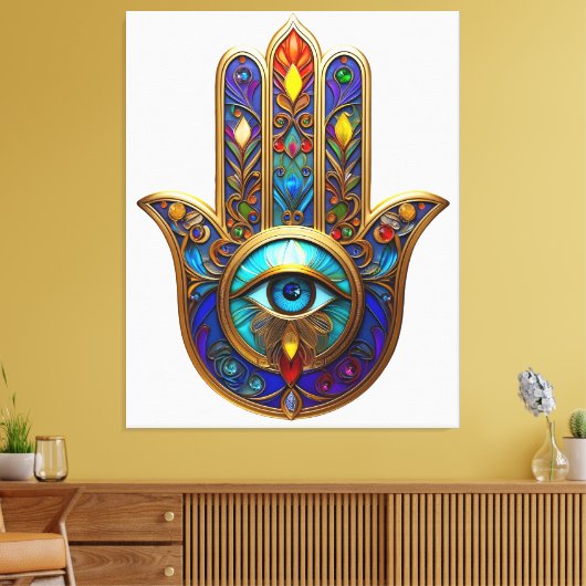 Gold Colorful Hamsa Turquoise Sapphire Third Eye  Leinwanddruck (Insitu (Wohnzimmer))