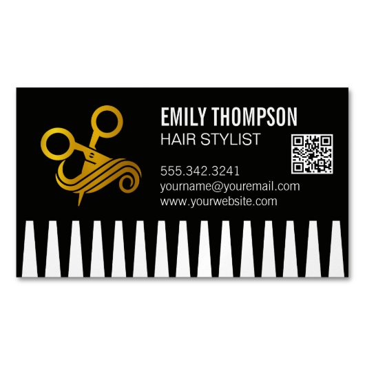 Gold Comb | Hair Stylist | QR Code Magnetische Visitenkarte (Vorderseite)