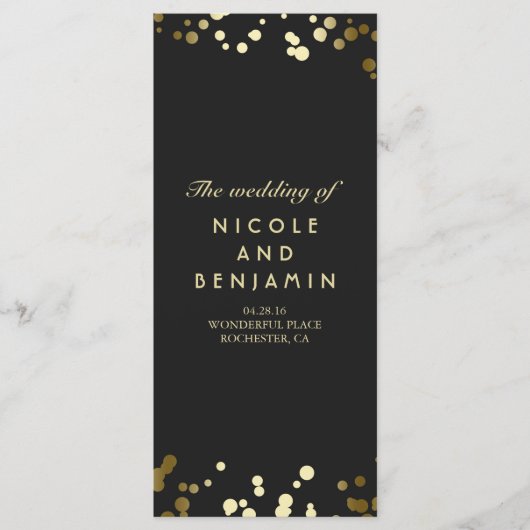 Gold Comfetti Dots Elegantes Schwarzes Hochzeitspr Programm (Vorderseite)