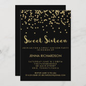 Gold Confetti 16 . Geburtstag Party auf Schwarz Einladung (Vorne/Hinten)