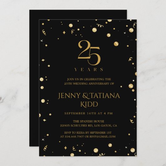 Gold Confetti 25. Hochzeitstag Einladung (Vorne/Hinten)