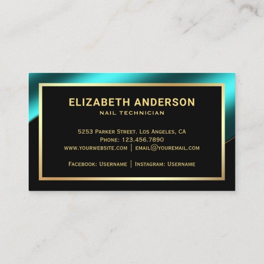 Gold Confetti Aquamarin Blue Nail Polnischer Manik Visitenkarte (Rückseite)