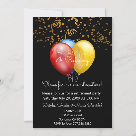 Gold Confetti auf Black & Balloons Rente Party Einladung (Vorderseite)
