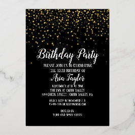 Gold Confetti auf Black Birthday Party Gold Folieneinladung