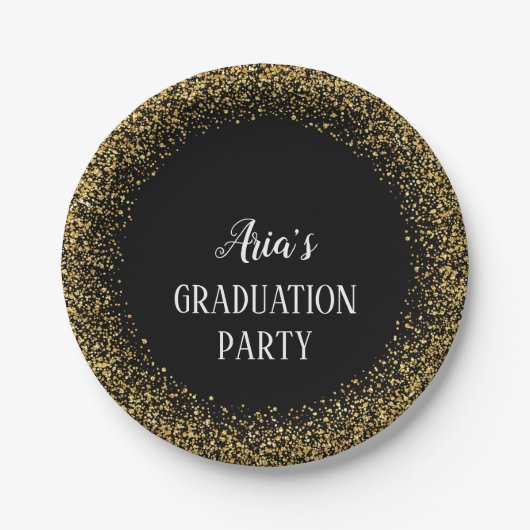 Gold Confetti auf Black Graduation Party Teller (Vorderseite)