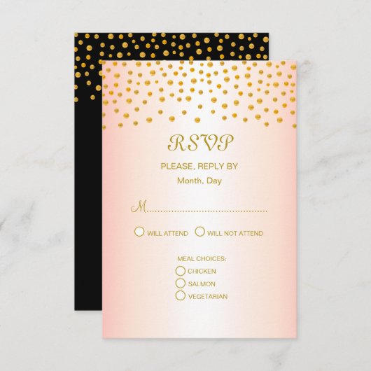 Gold Confetti auf Black & Rose RSVP Karte (Vorne/Hinten)
