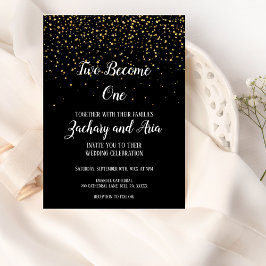 Gold Confetti auf Black Two wird eine Hochzeit Einladung