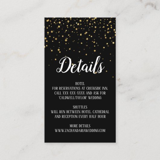 Gold Confetti auf Black Wedding Details Card Begleitkarte (Vorderseite)