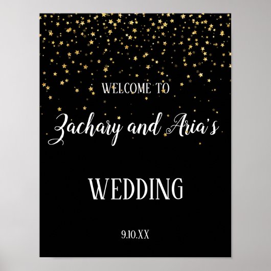Gold Confetti auf Black Wedding Willkommenszeichen Poster (Vorne)