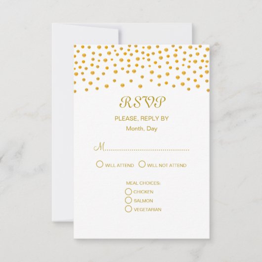 Gold Confetti auf Black & White Wedding RSVP Karte (Vorderseite)