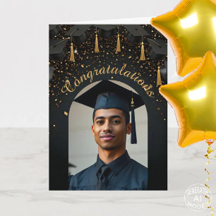 Gold Confetti auf dem Foto "Black Graduation Caps" Karte