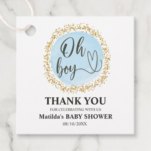 Gold Confetti Baby Boy Dusche Gefallen Tag Geschenkanhänger (Vorderseite)