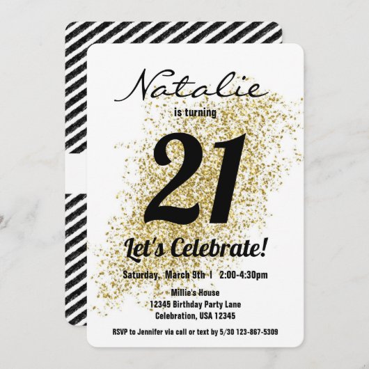 Gold Confetti Black and White Girl Birthday Einladung (Vorne/Hinten)