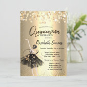 Gold Confetti, Black Dress Ballerina Quinceañera Einladung (Stehend Vorderseite)