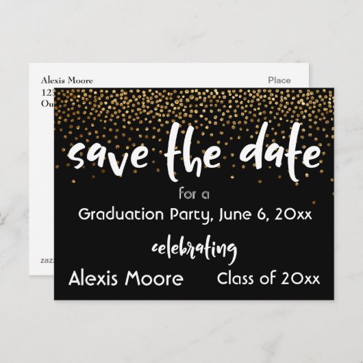 Gold Confetti Black Graduation Party Save the Date Ankündigungspostkarte (Vorne/Hinten)