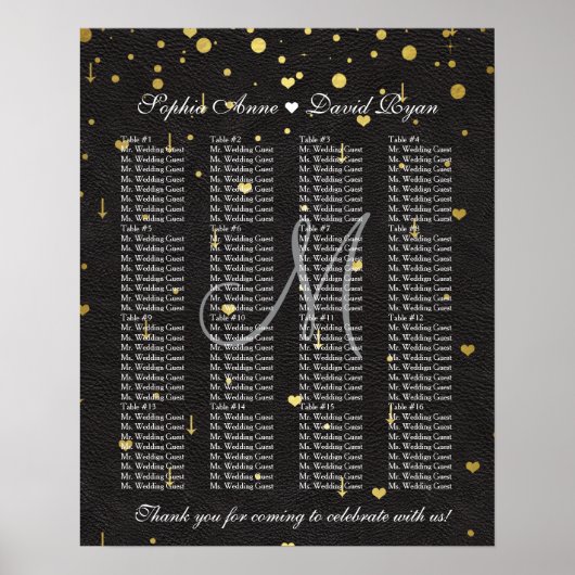 Gold Confetti Black Leather Wedding Chart Poster (Vorne)