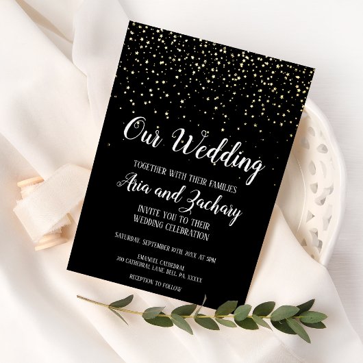 Gold Confetti|Black Our Wedding Folieneinladung